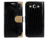 Estuche Funda Samsung Galaxy S3 Metal Esquinas Negro con Dorado Tarjetero y Broche adornado de Cristales